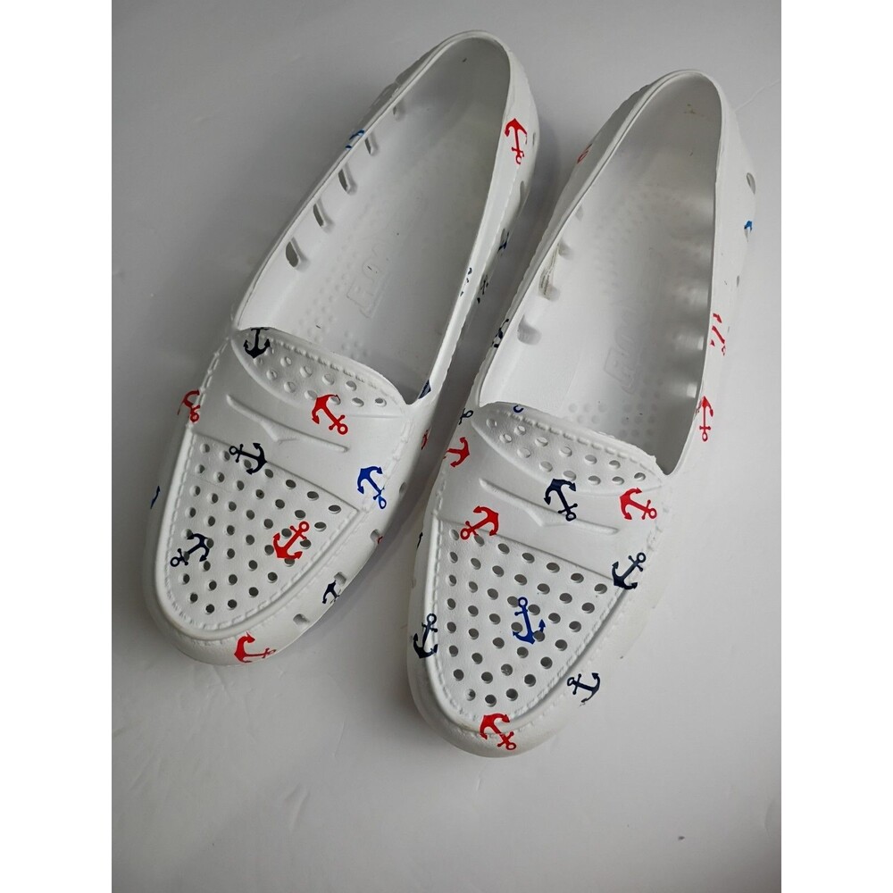 Floaters Woman 7 White Nautical Red/ Blue Anchor Slip On Foam Shoes Beach Casual